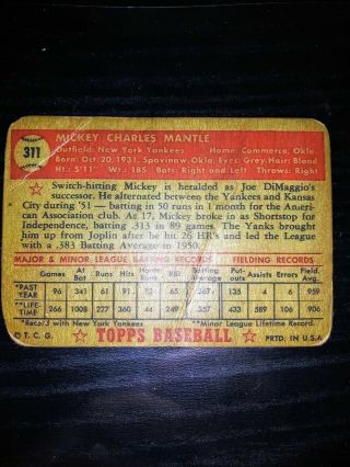1952 TOPPS 311 Mickey Mantle Rookie Card 3