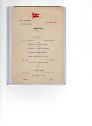 Rms Olympic 2nd Class Dinner Menu March 3rd 1926 White Star Line