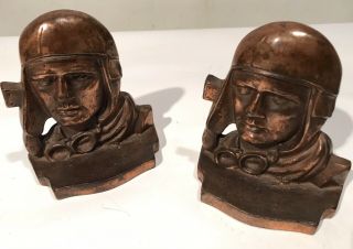 (2) Vintage Charles Lindbergh " The Aviator " Copper Bookends 5.  5 X 4.  5 X 2”
