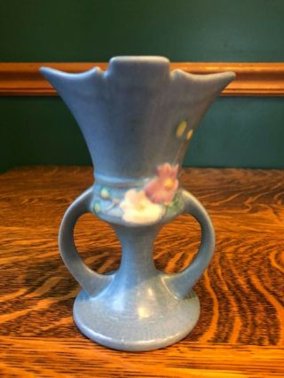Vintage Roseville Art Pottery Blue Double Handled Trumpet Vase Cosmos 945 - 5 "