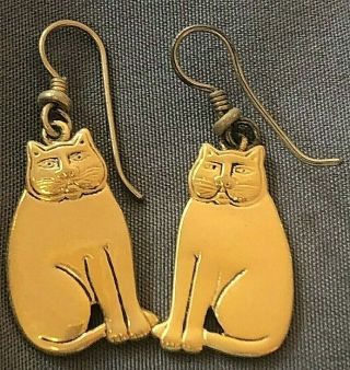 Vintage Laurel Burch Gold Tone Cat Pierced Dangle Earrings
