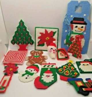 Vintage Handmade Christmas Ornaments Plastic Canvas 15 Pc Snowman Santa Tree