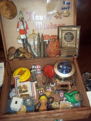 Vintage Men Junk Drawer Cigar Box Sterling Gf Bullets Medal Yoyo Compass Button
