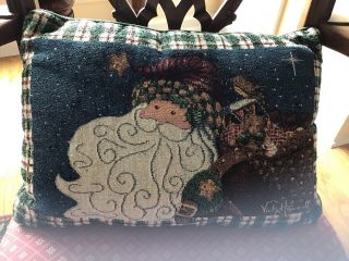 Vintage Vicki Howard Tapestry Christmas Pillow Santa Claus Bird Star Night Sky