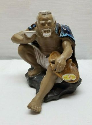 Vintage Shiwan Ceramic Art Pottery Clay Figurine Mudman Sculpture Sitting Eating