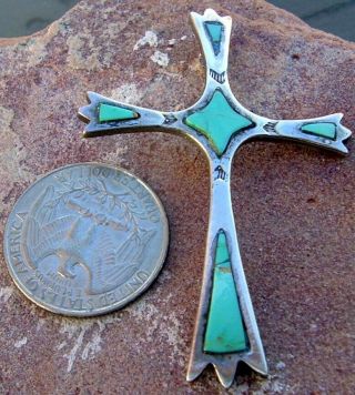 Vintage Sand Cast Sterling Silver & Turquoise Cross Pendant