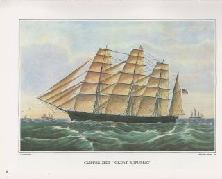 1972 Vintage Currier & Ives " Clipper Ship Great Republic " Color Print Lithograph