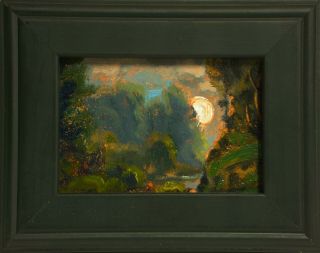 Max Cole Art Aceo Oil Painting Landscape Signed Vintage Antique Framed Moon 239
