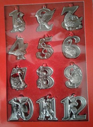 Vtg 12 Days Of Christmas Ornament Set Complete Pewter,  Each 2in.  Bon Ton