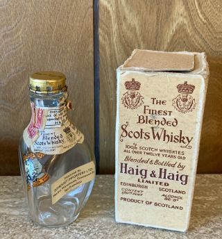 Vtg 1930’s Haig & Haig Ltd 1/10 Pint Scots Whiskey Bottle Box Stamps Spring Cap