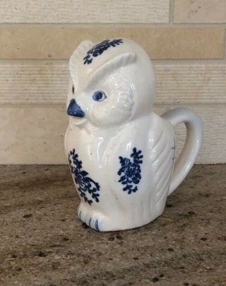 Vintage Ceramic Creamer White And Blue Owl Animal Art Pottery