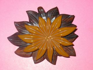 Vintage Carved Bakelite & Wood Flower Pin
