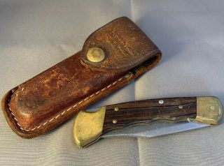 Vintage Buck 110 Folding Knife Wood Handle With Holster