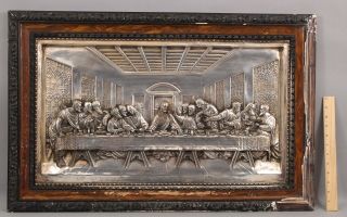 Large Antique Detailed Silver Plate On Copper Relief Icon,  The Last Supper