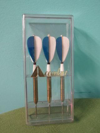 Vintage Accudart Brass Darts Feather Plastic Case Usa Heavy Blue White