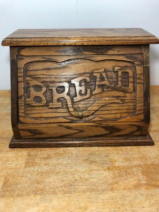 Large Vintage View Front Bread Box Wood Rustic Country Kitchen Carved Wood