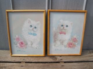 (2) Vintage White Cat Oil Paintings On Canvas A6987
