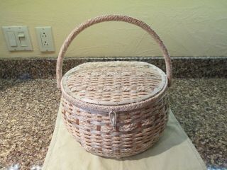 Vintage Woven Wicker Handled Sewing Basket With Fabric Lining - Made In Japan