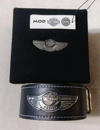 Harley Davidson 100th Anniversary Leather & 925 Sterling Silver 7 " Cuff Bracelet