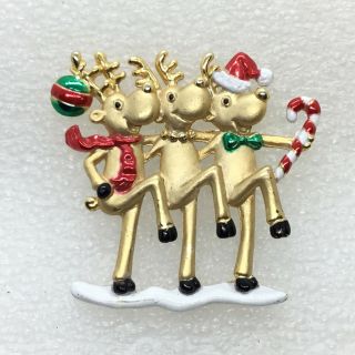 Signed Ajc Vintage Dancing Reindeer Trio Brooch Pin Christmas Enamel Jewelry