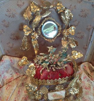 Antique French Gilt And Velvet Marriage Cushion And Wax Flower Tiara Headdress