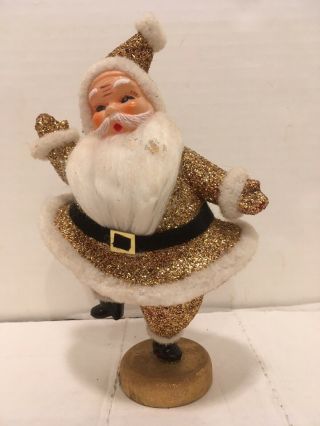 Vintage 8 Inch Gold Glitter Dancing Santa Figure Spun Beard