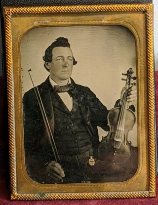 Antique 1/4 Plate Abrotype Photo / Man With Violin / No Case.