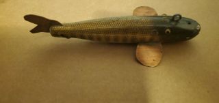 Vintage 5 " Wood Fish Decoy Or Lure With Glass Eyes Waited At Bottom.