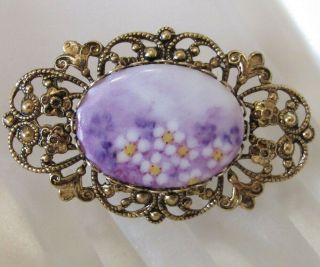 Vintage Filigree Hand Painted Purple Flowers Porcelain Cameo Brooch Pin N915