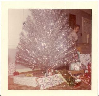 Mid Century Modern Silver Aluminum Christmas Tree Gifts Vintage 1950s Photo