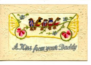 Wwi Embroidered Cloth Kiss From Your Daddy - Allies Flags Birds - Vintage Postcard