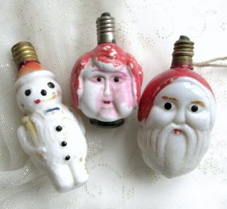 3pc Vintage Glass Figural Christmas Tree Light Bulbs Santa Claus Snow Man
