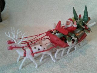 Vintage Christmas Santa Claus In Sleigh With Reindeer Plastic