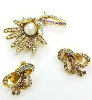 Vintage Rhinestone And Seed Pearl Art Signed Earring Brooch Set Flowers