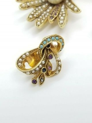 Vintage Rhinestone And Seed Pearl ART Signed Earring Brooch Set Flowers 2