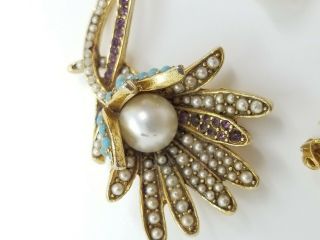 Vintage Rhinestone And Seed Pearl ART Signed Earring Brooch Set Flowers 3