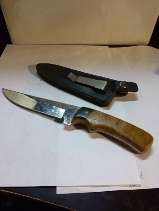 Vintage Hunting Knife With Wooden Handle Andleather Sheath