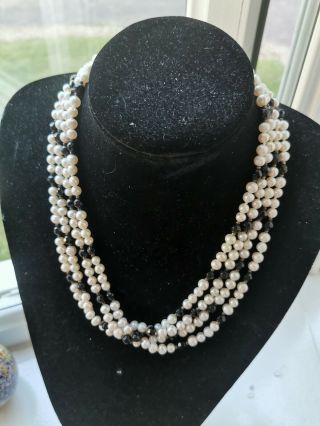 Vintage 4 Strand Cultured Pearl And Facetted French Jet Necklace