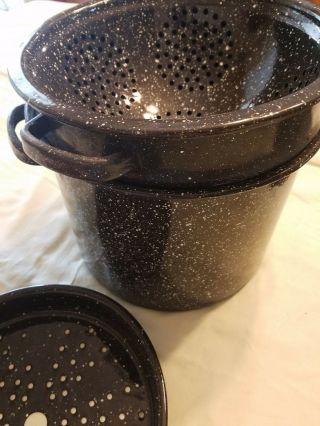 Vintage Black White Speckled Enamel Steamer Pot Lid 5 Pc Set 9 " Diam X 7 " Guc