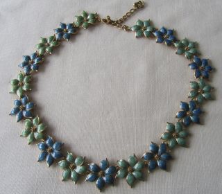 Vintage Gold Tone Green And Blue Enamel Flower Necklace