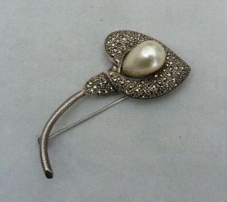 2 5/8 " Large Vintage Sterling Silver Marcasite Faux Pearl Calla Lily Flower Pin