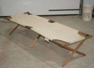Vintage Canvas & Wood Frame Folding Camp Cot By Telescope Folding Furniture Co.