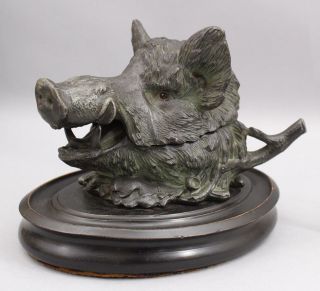 19thc Antique Victorian Fierce Wild Boar Figural Desktop Inkwell Inkwell,  Nr