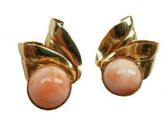 Estate Antique 14k Yellow Gold Angel Skin Coral Dainty Ribbon Clip Earrings