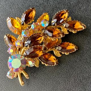 Unsigned Beau Jewels Vintage Amber Marquise Ab Rhinestone Flower Brooch Pin 491