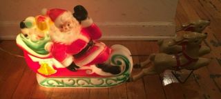 Vintage Empire Plastic Light Up Santa Claus Sleigh With Reindeer Blow Mold 1970