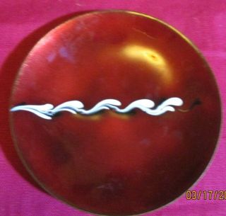 Vintage Mcm Ruby Red Plate Enamel On Copper Stunning Black White Swirl Design
