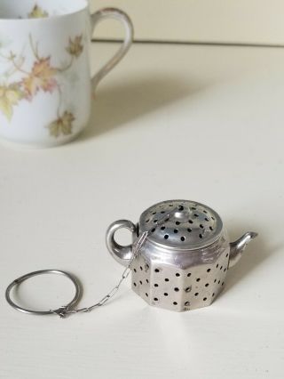 Vintage Tea Infuser Strainer Tea Pot Shape Chain & Holder Knobby Kraft