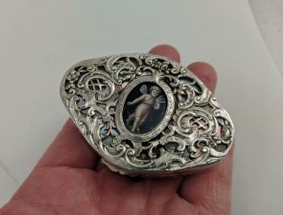 Antique 800 Silver Snuff Box Enamel & Mother Of Pearl Hanau Georg Roth