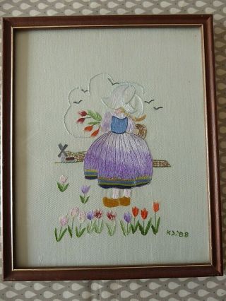 Vintage Hand Embroidered Picture Panel/framed - Adorable Little Dutch Girl